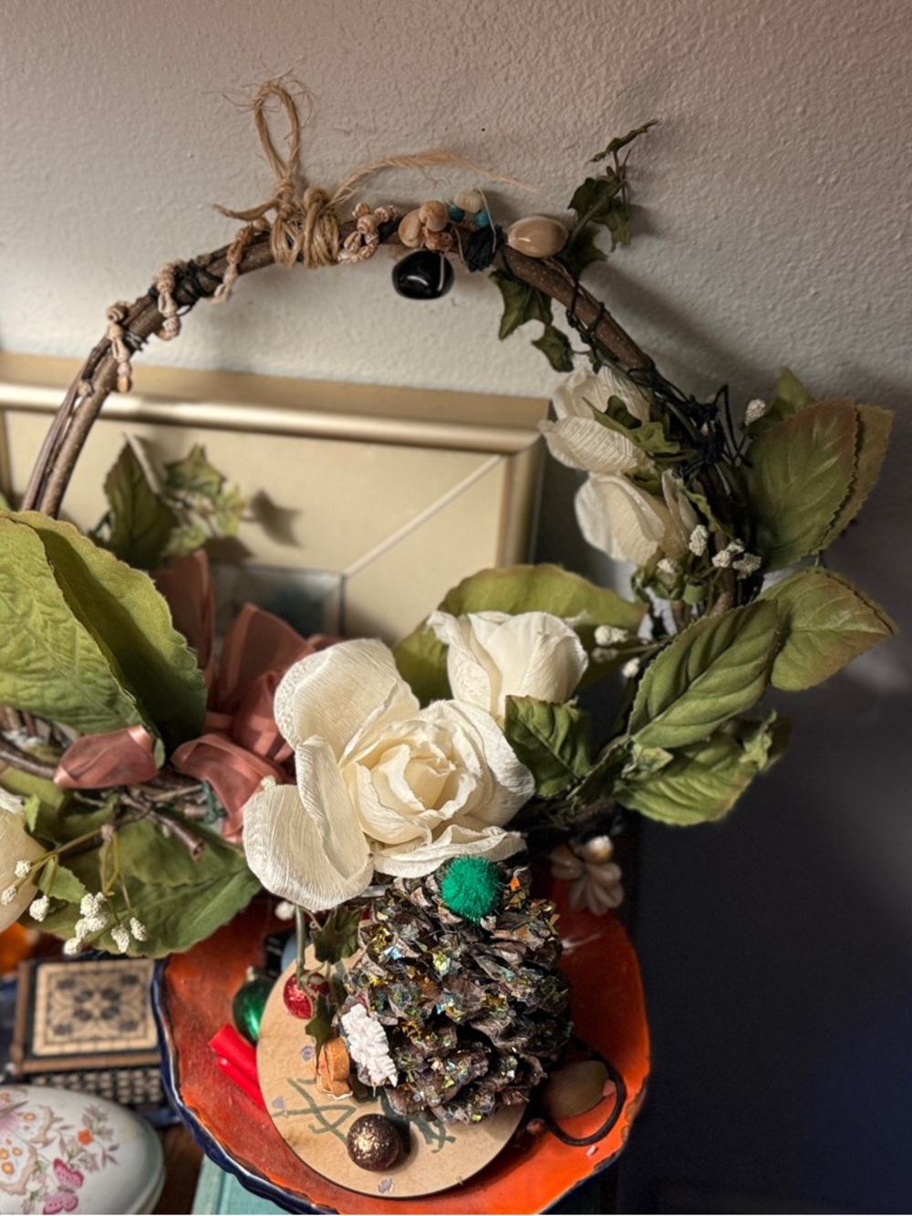 Cream Floral Wreath with Green Leaves - Home Accents Decor